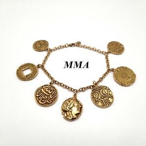 Vintage MMA Coins of the World Charm Bracelet, Gold Tone, 8 Inch, Museum Jewelry